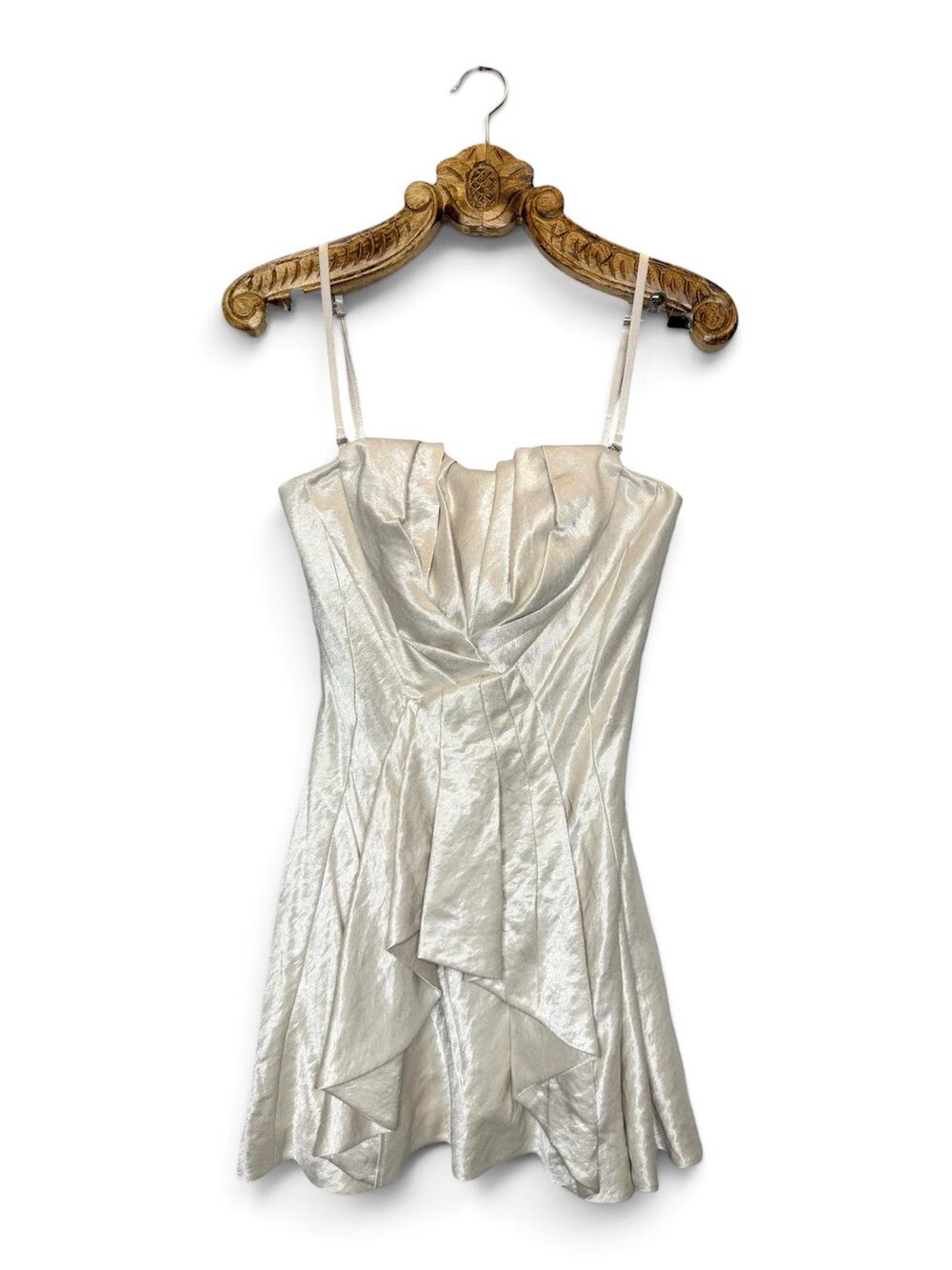 Karen Millen Mini Dress Metallic Gathered Pleat Flare A Line Removeable Straps 8